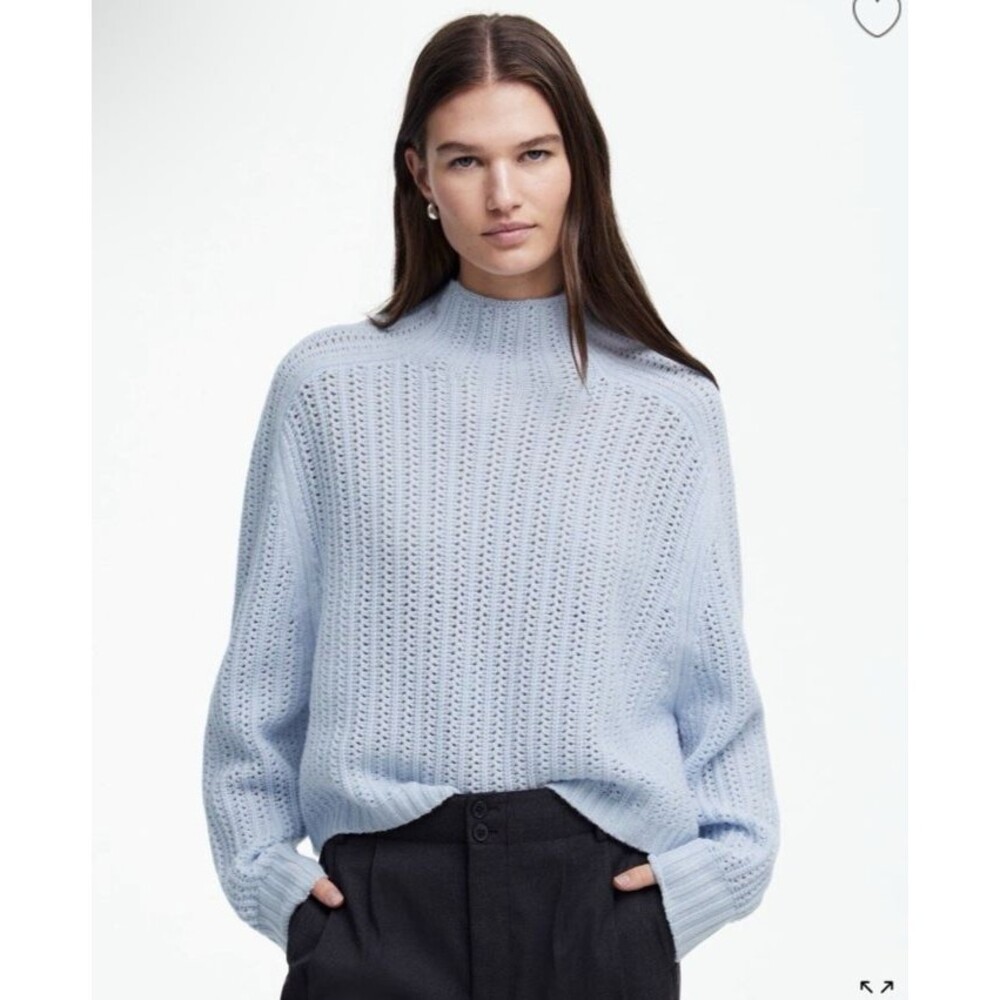 Madewell Women's XL 100% Merino Wool Pointelle-Stitch Mockneck Sweater Blue